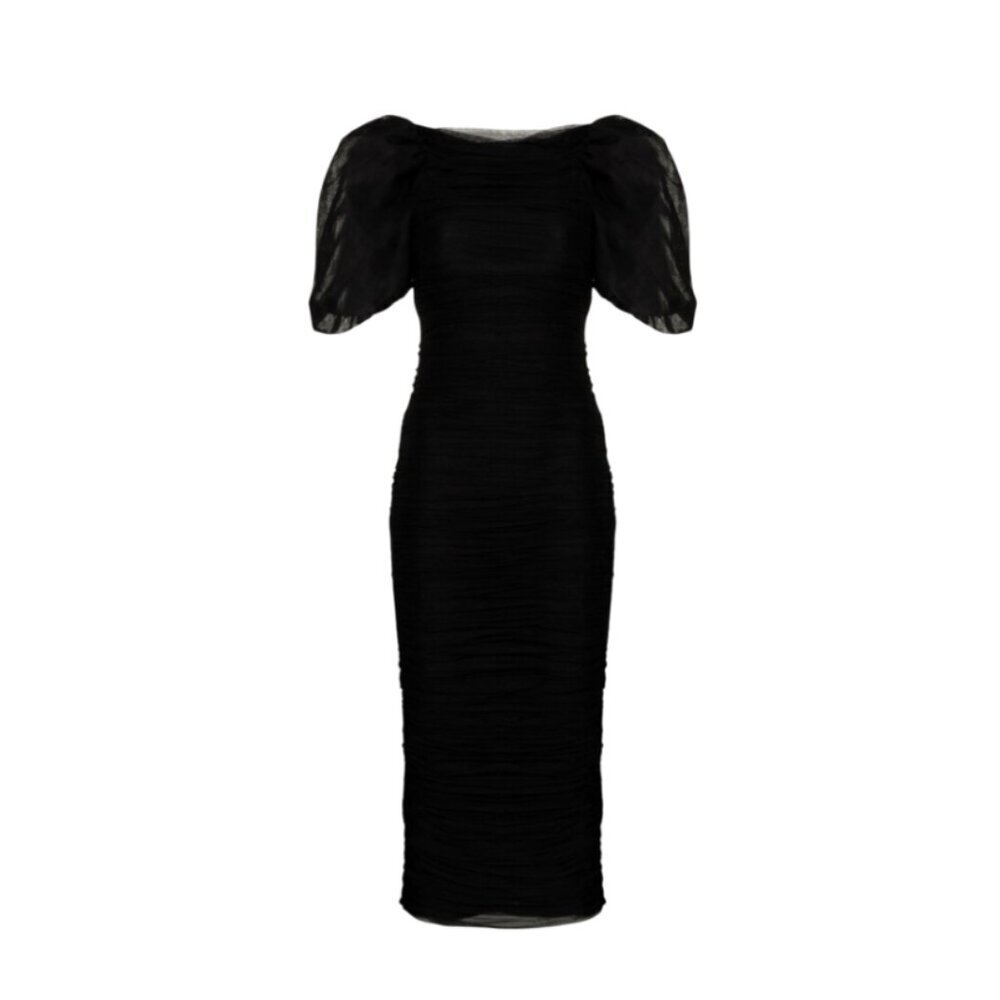 NWT Anouki Gathered Midi Pencil Dress Womens Medium Black Short Puff Sleeve NEW